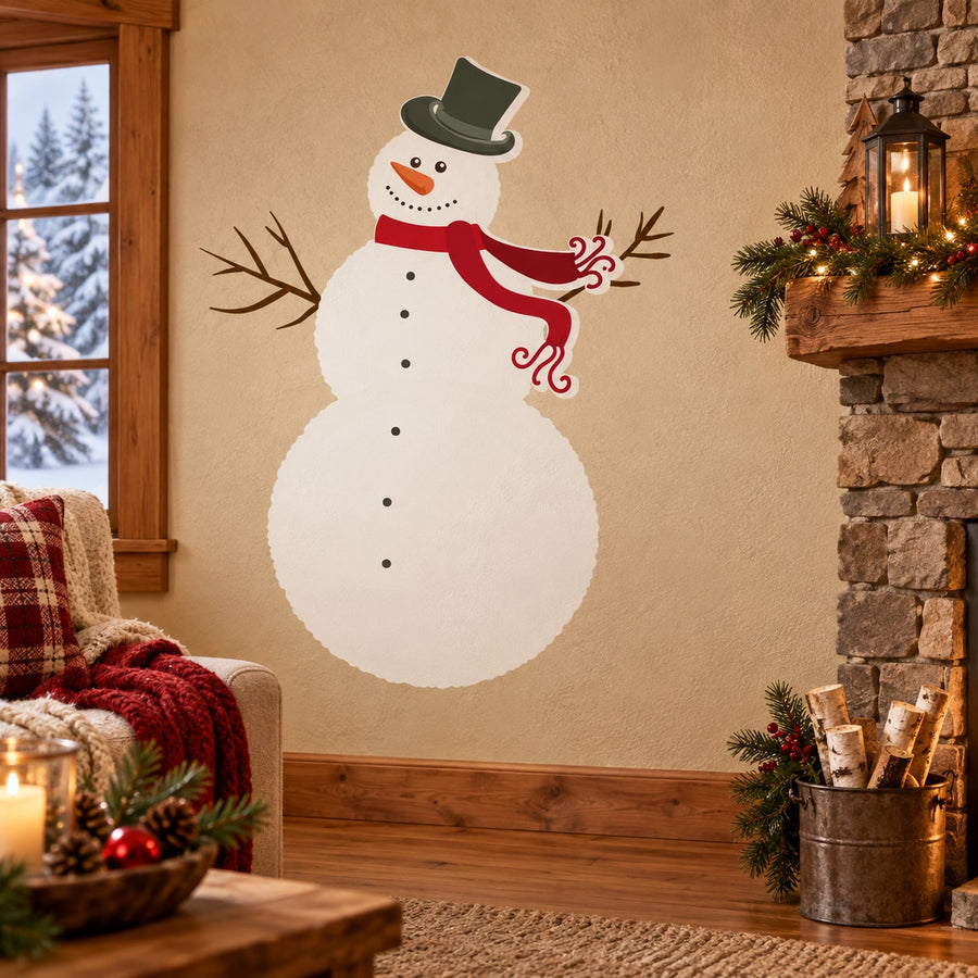 Winter snowman sticker with black top hat, red scarf, and swirl broom accents