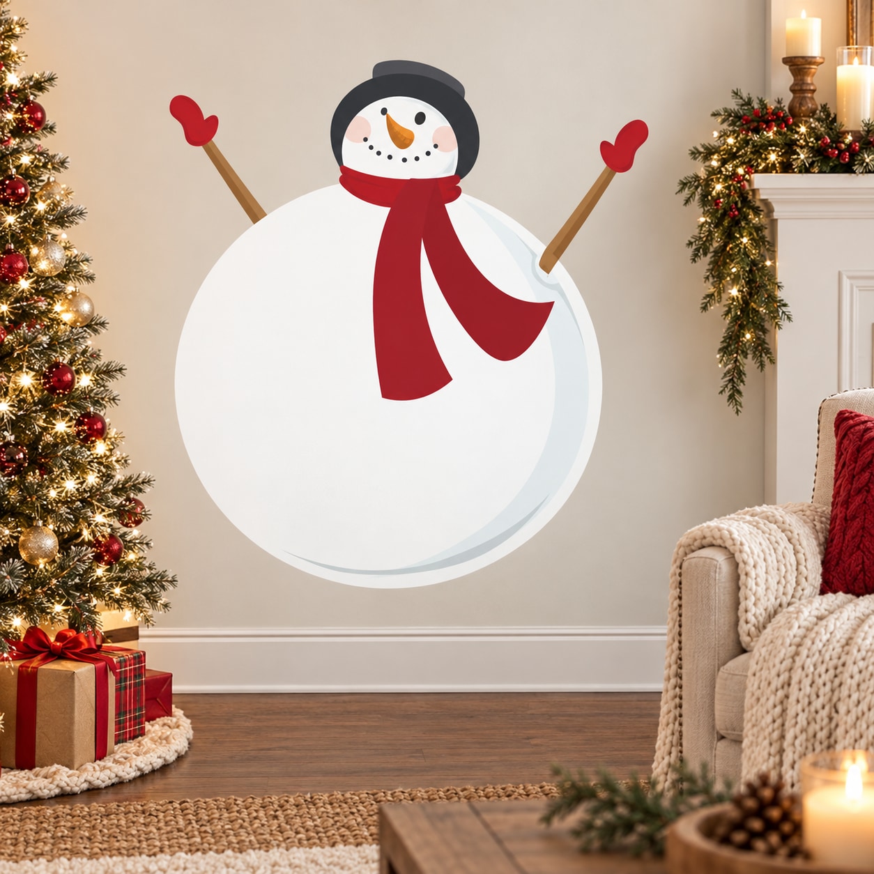 Round snowman body sticker with red scarf, carrot nose, and stick arms