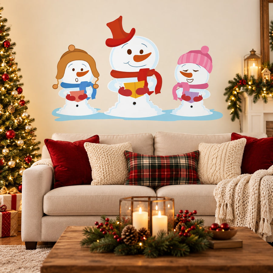 Snowman carolers sticker set with three smiling snowmen singing in winter hats