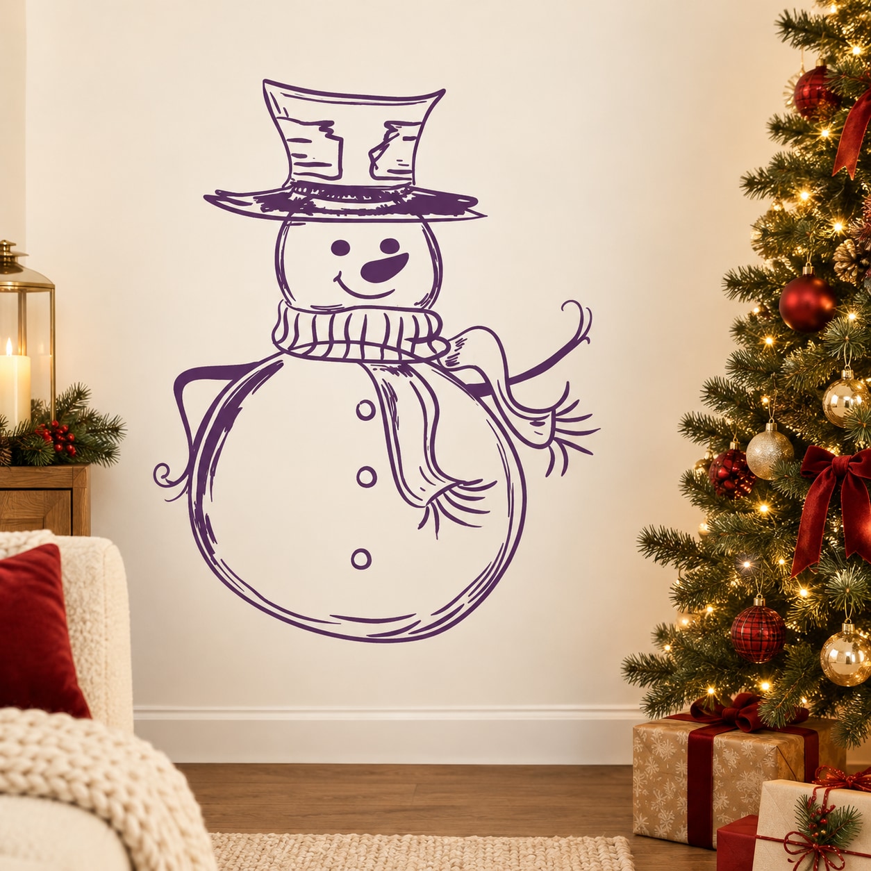 Purple line-art snowman drawing wall decal with top hat and scarf