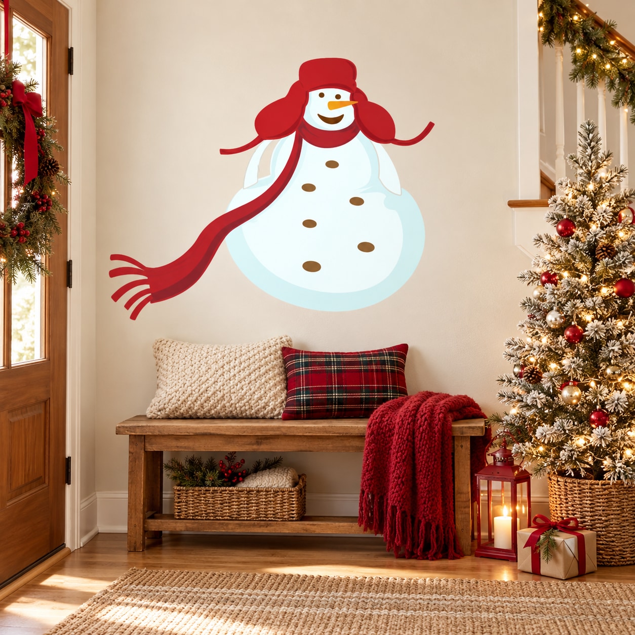 Snowman sticker with red trapper hat and blue body