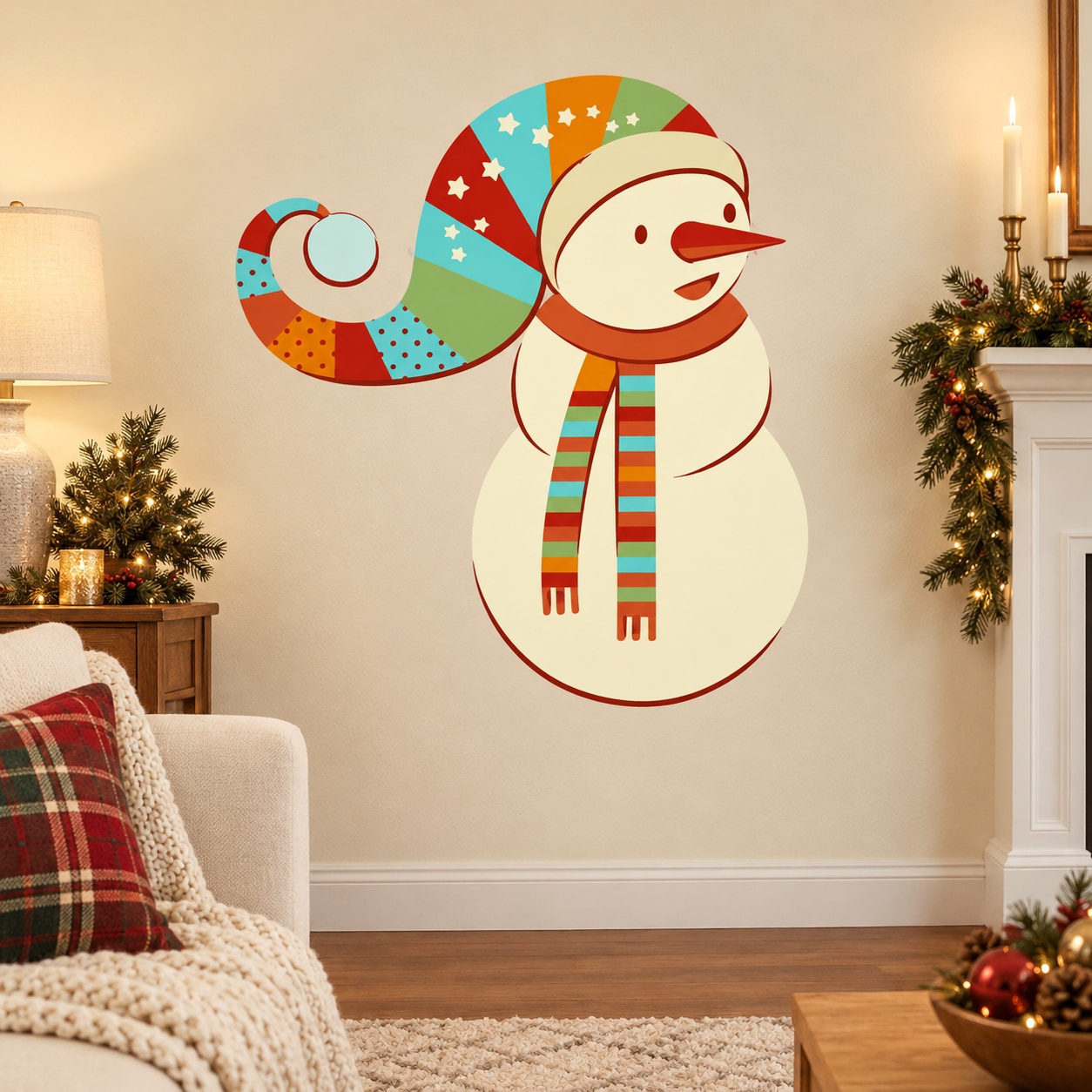 Snowman wall sticker with long patterned hat, red outline, and striped scarf