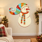 Snowman wall sticker with long patterned hat, red outline, and striped scarf