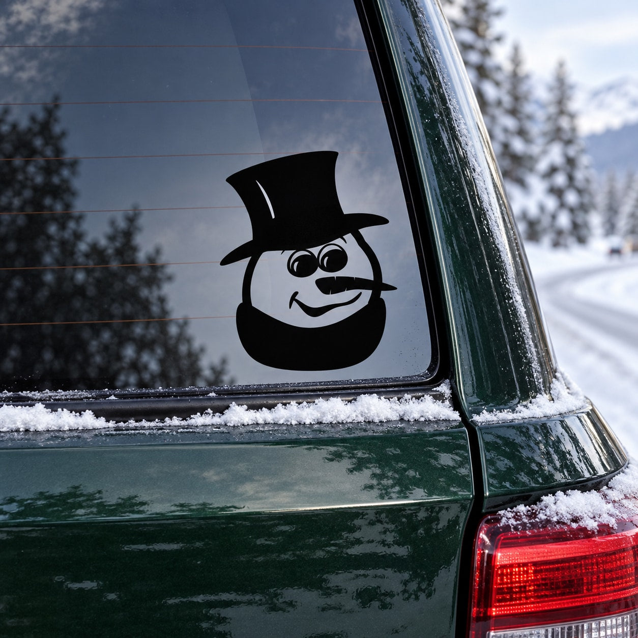Black top-hat snowman face decal on car window