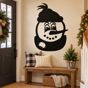 Snowman wall decal with black beanie and scarf, smiling face illustration