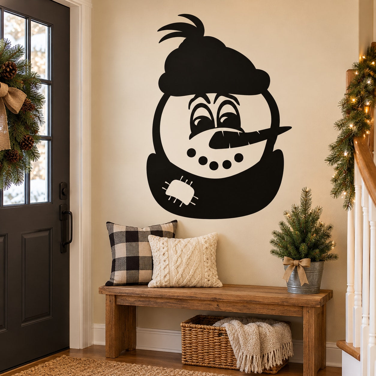 Snowman wall decal with black beanie and scarf, smiling face illustration