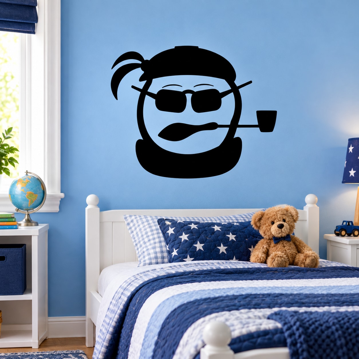 Snowman face decal with sunglasses and tobacco pipe