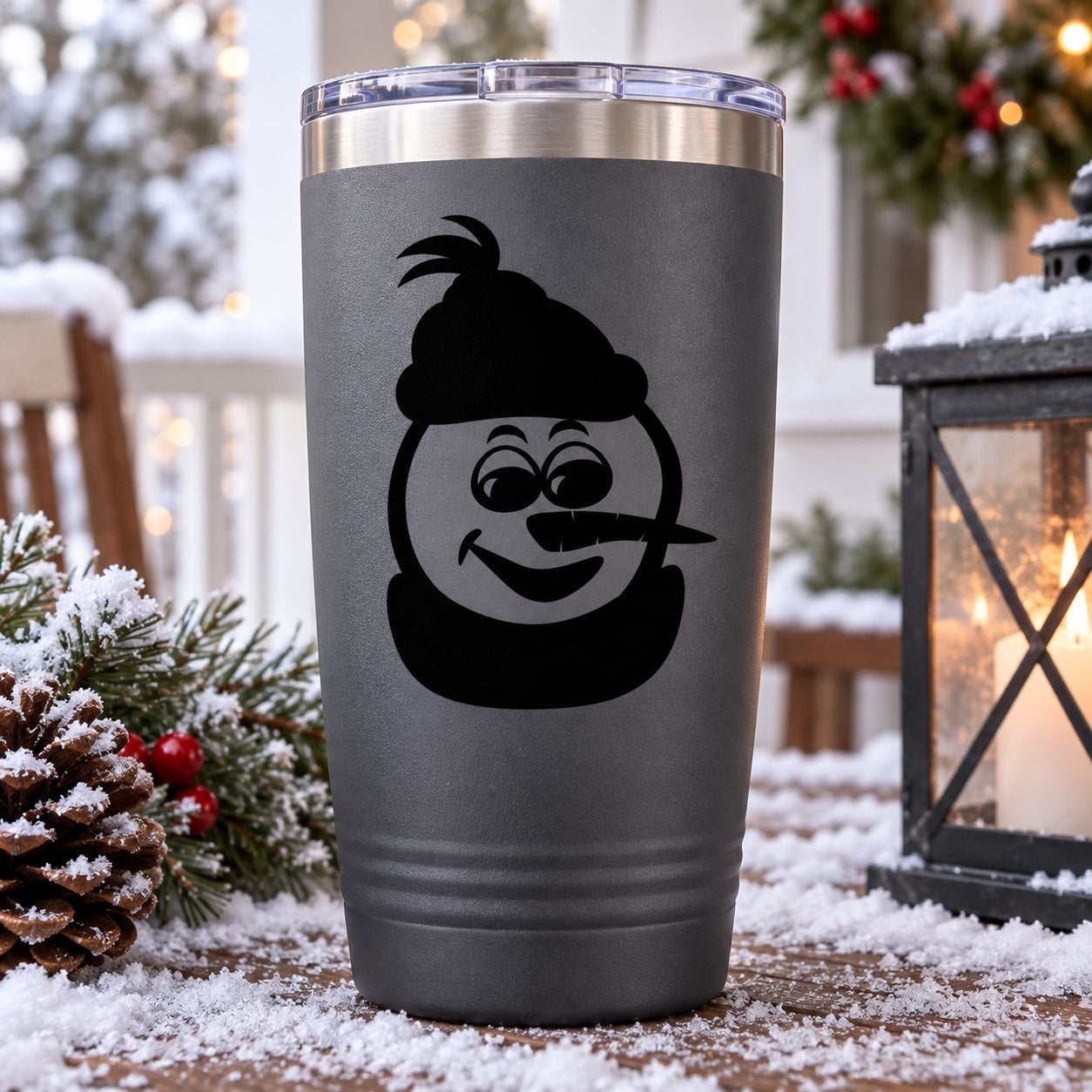 Snowman face decal tumbler with beanie and eyelash details