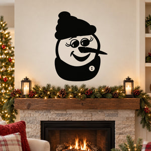 Smirking snowman wall decal with beanie and scarf, bold black outline