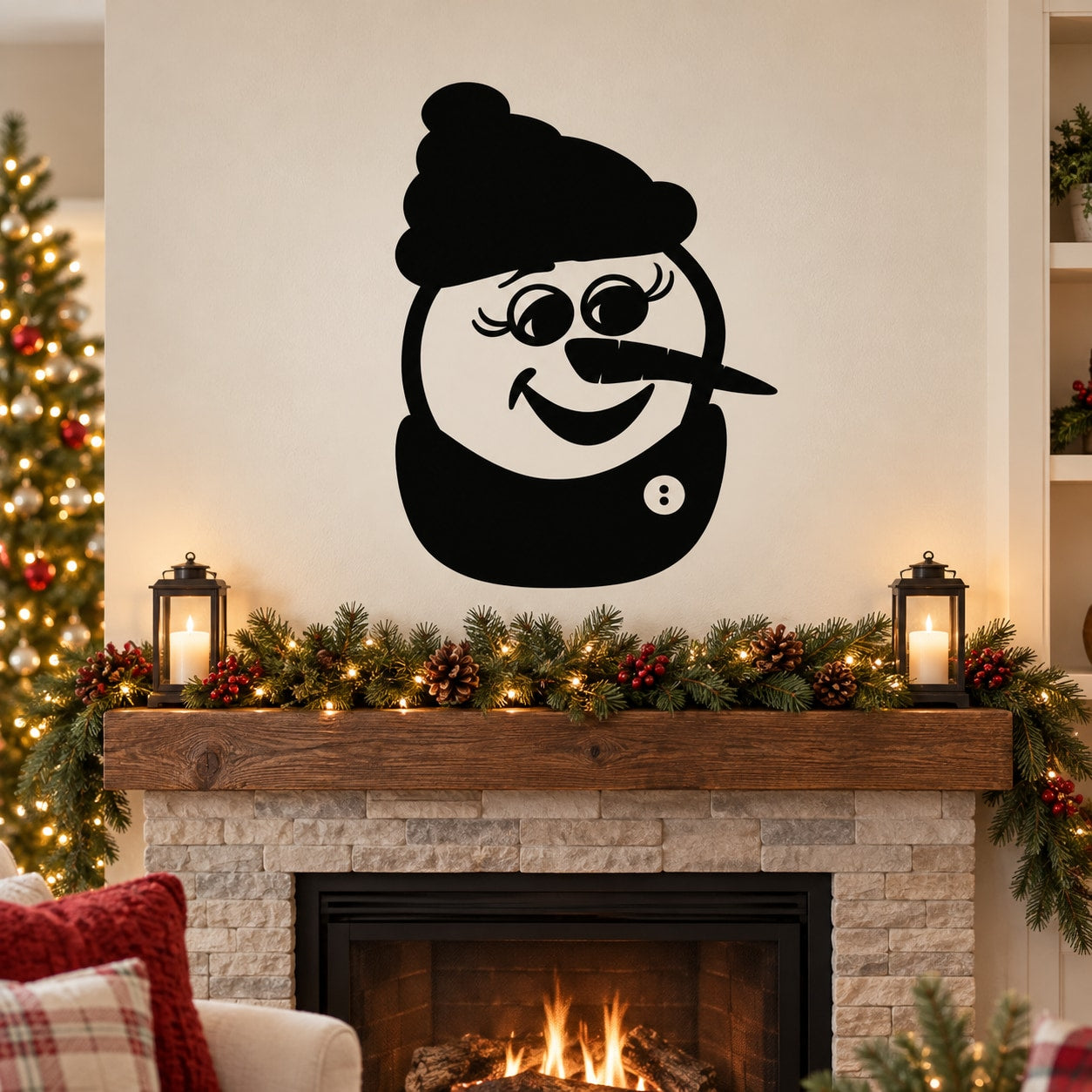 Smirking snowman wall decal with beanie and scarf, bold black outline