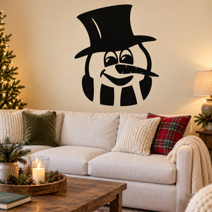 Snowman wall decal with top hat, scarf, black silhouette, smiling face