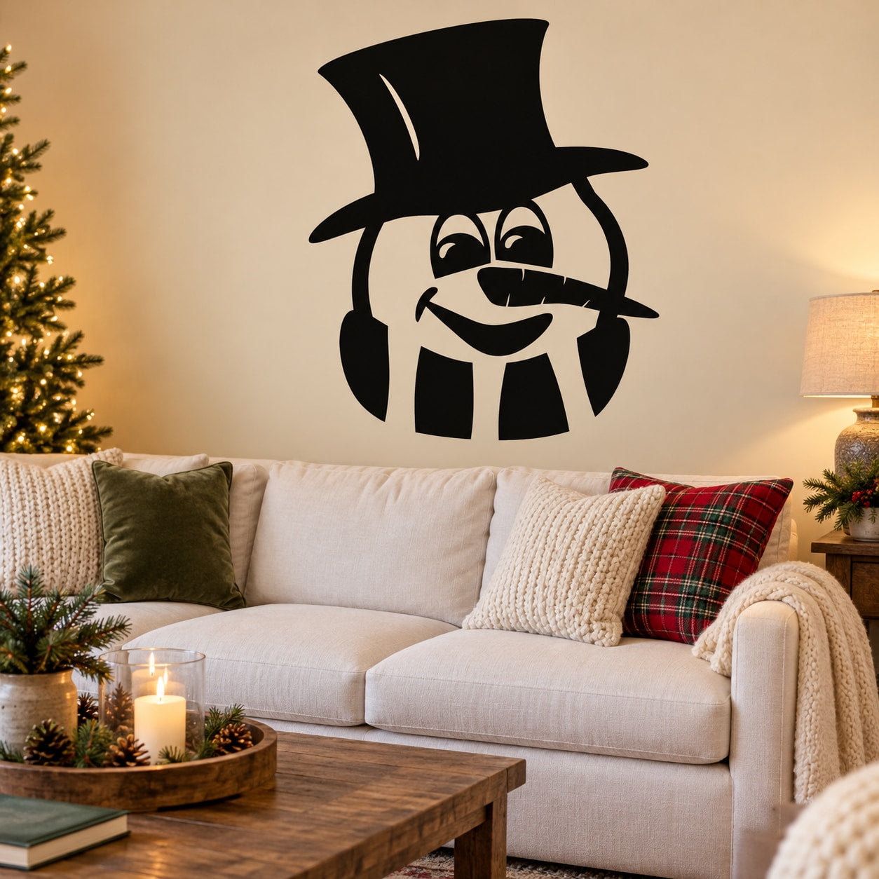 Snowman wall decal with top hat, scarf, black silhouette, smiling face