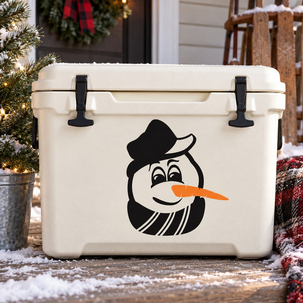 Snowman face decal with black top hat, white beard, and orange carrot nose