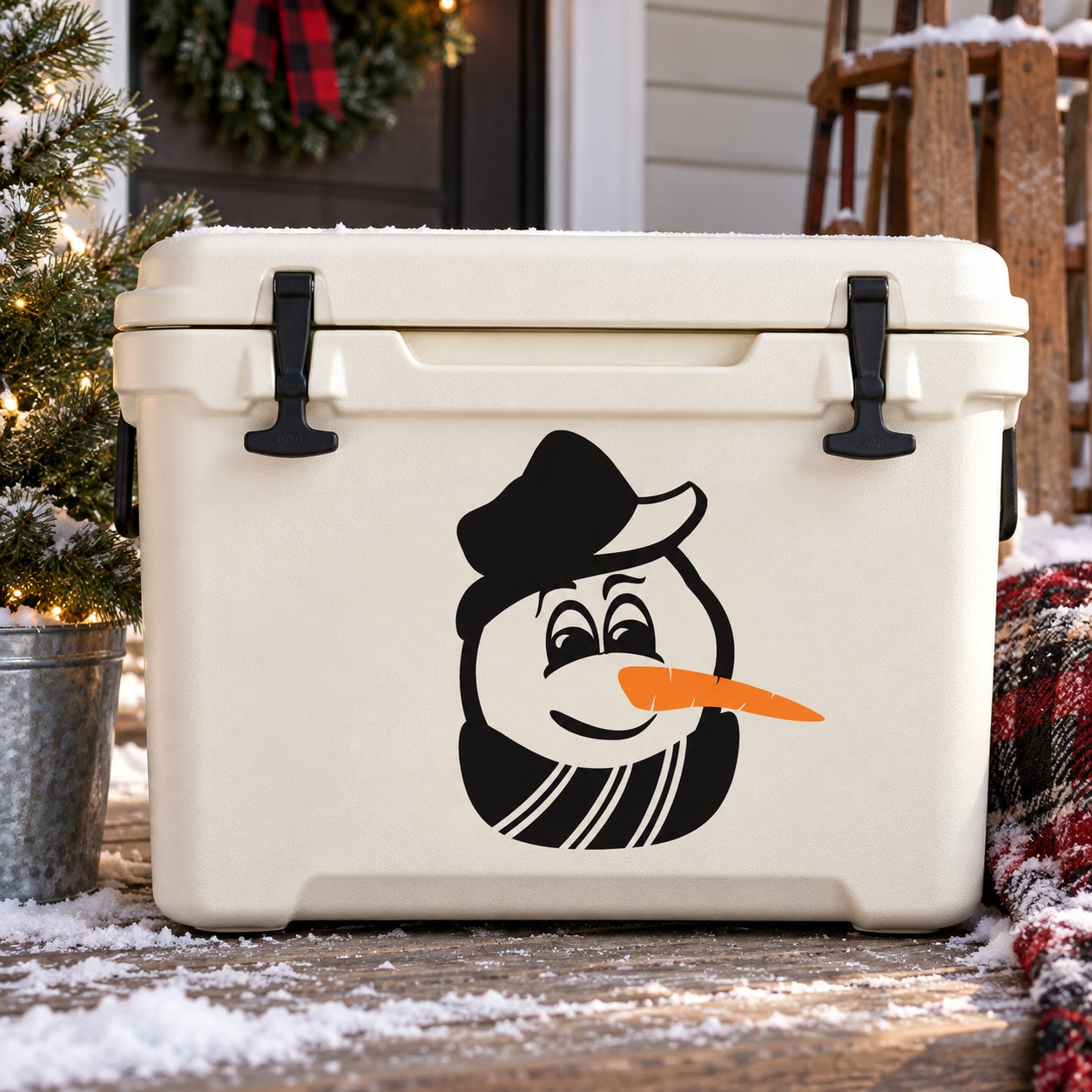 Snowman face decal with black top hat, white beard, and orange carrot nose