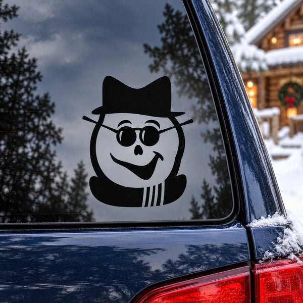 Snowman face decal with black hat and round sunglasses, smiling with scarf
