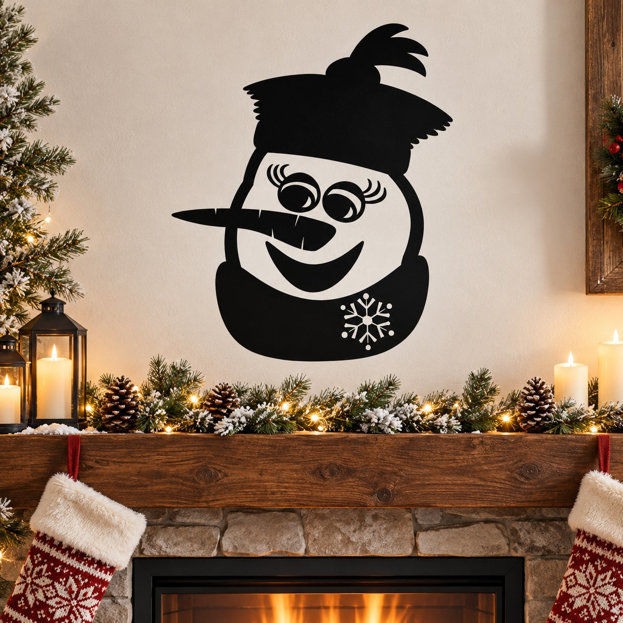 Snowman wall decal with hat, scarf, eyelashes, and snowflake detail