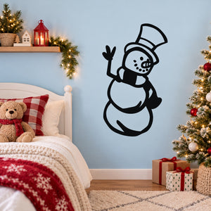 Black waving snowman wall decal with top hat and scarf, smiling face
