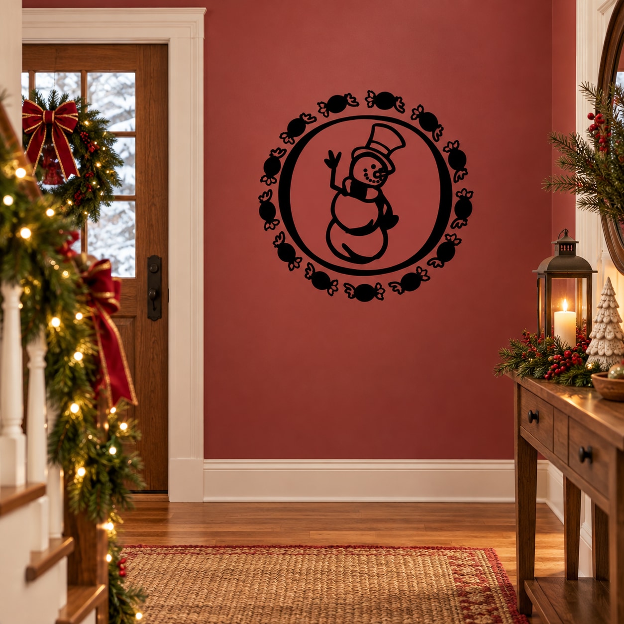 Snowman circle candy frame decal with black ornamental border and red snowman