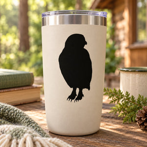 Perched owl decal with black silhouette on light cup