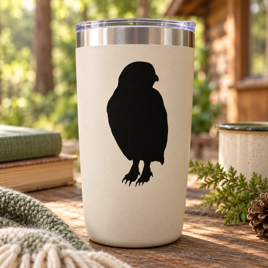 Perched owl decal with black silhouette on light cup