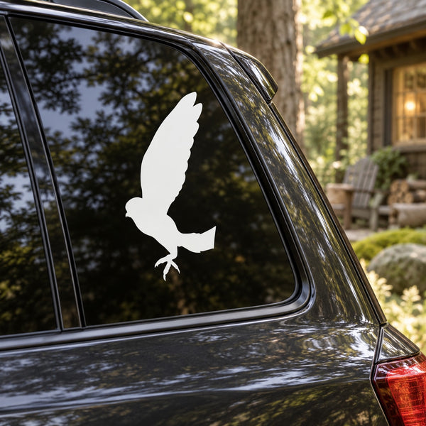 Flying snow owl vinyl window decal, white silhouette on car glass