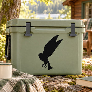 Black owl fluttering silhouette decal on light green cooler lid