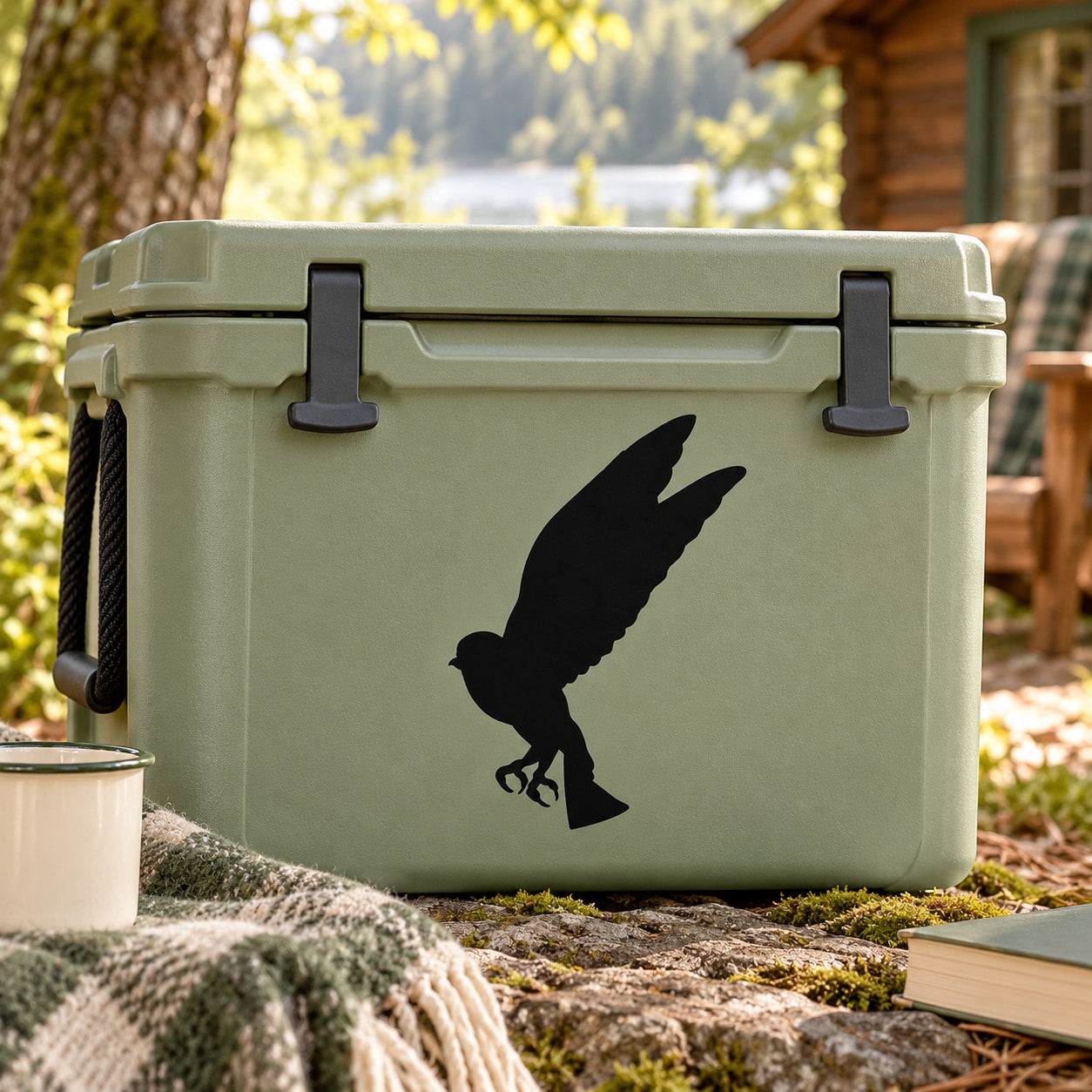 Black owl fluttering silhouette decal on light green cooler lid