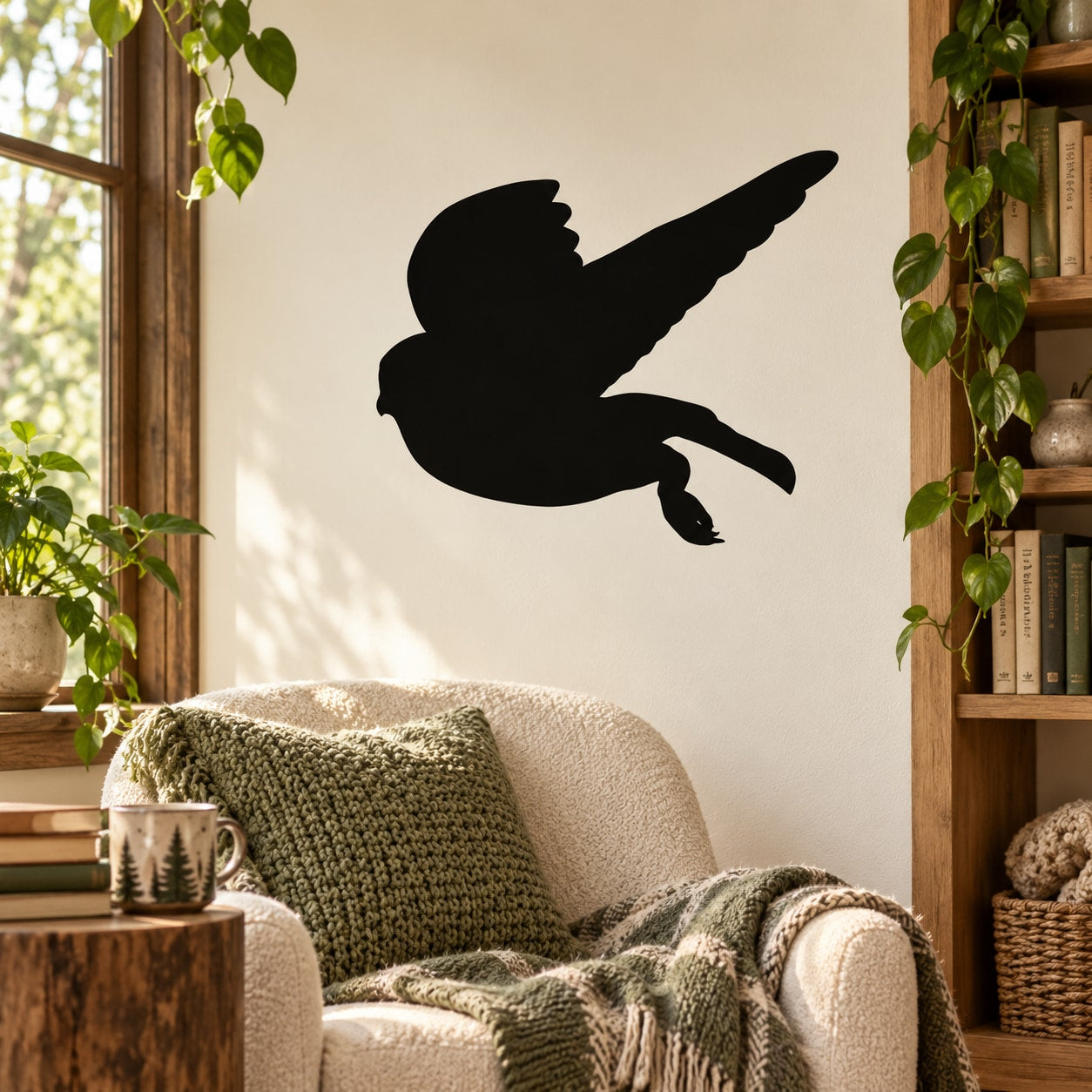 Gliding owl wall decal with dark silhouette, flying wings spread