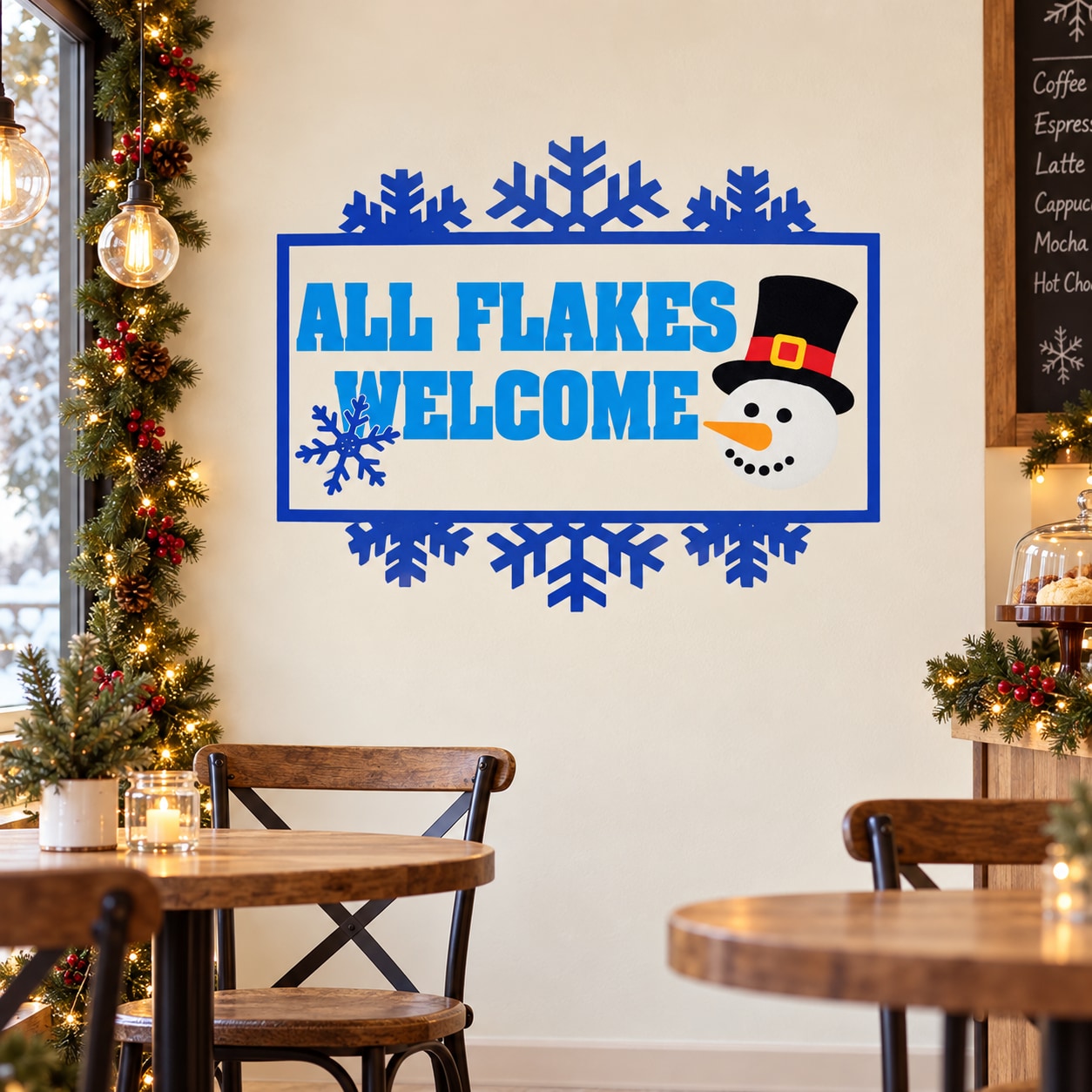 Winter wall decal: blue snowflakes and ALL FLAKES WELCOME with snowman