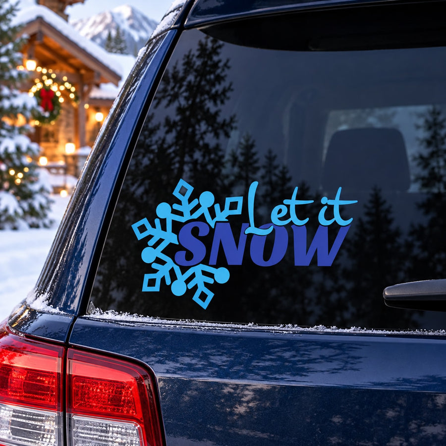 Blue "Let it Snow" window decal with snowflake icons