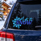 Blue "Let it Snow" window decal with snowflake icons
