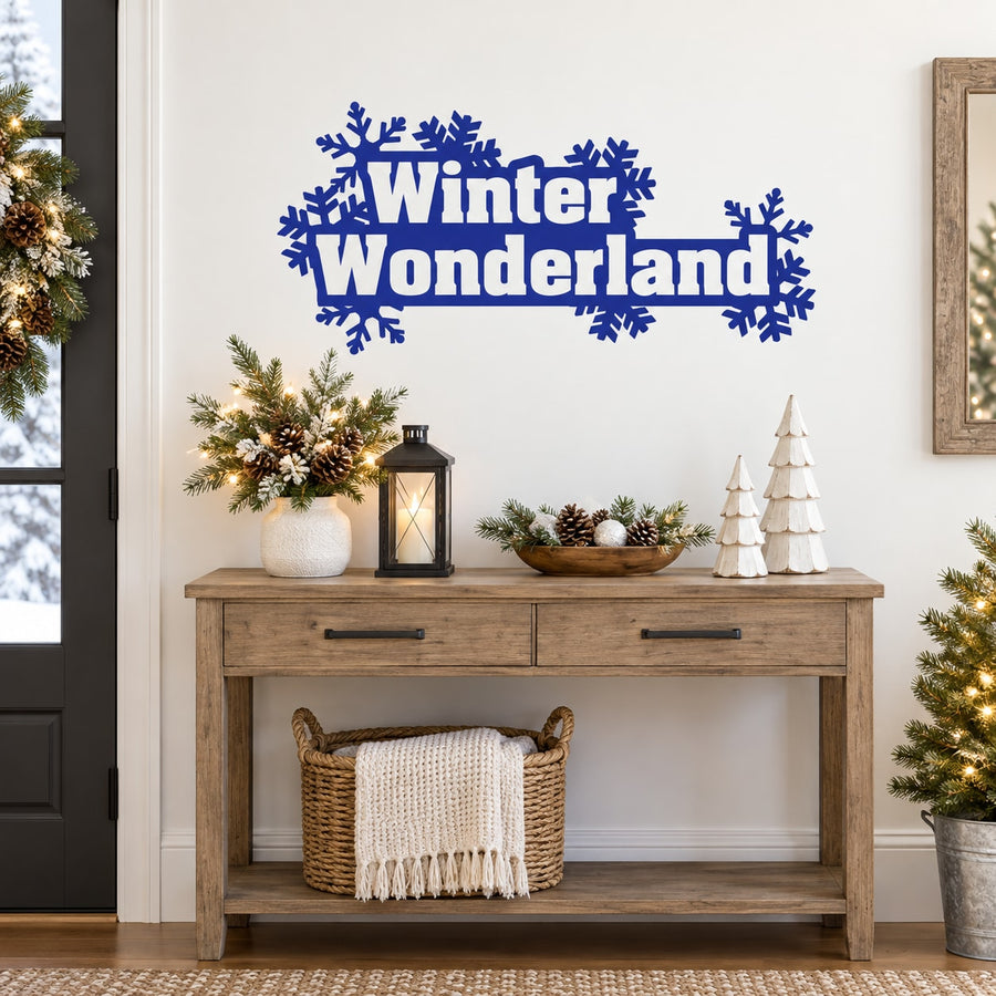 Blue snowflake wall decal with “Winter Wonderland” lettering and 5 snowflakes