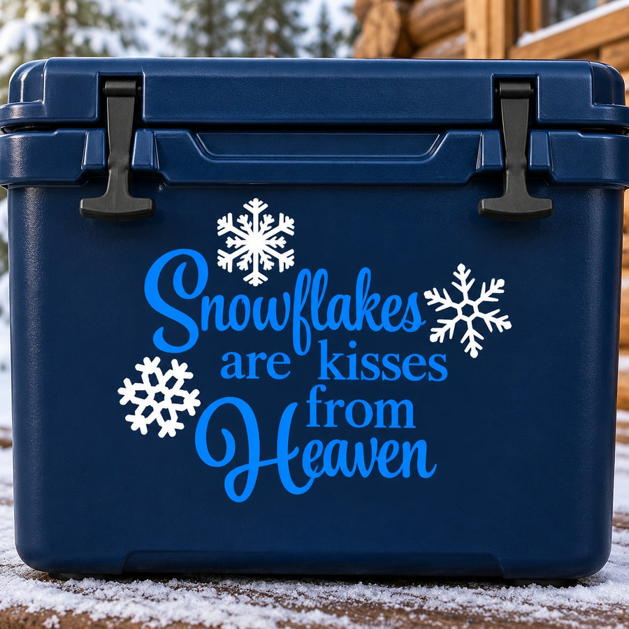 Winter snowflake quote decal with 'Snowflakes are kisses from Heaven' in blue