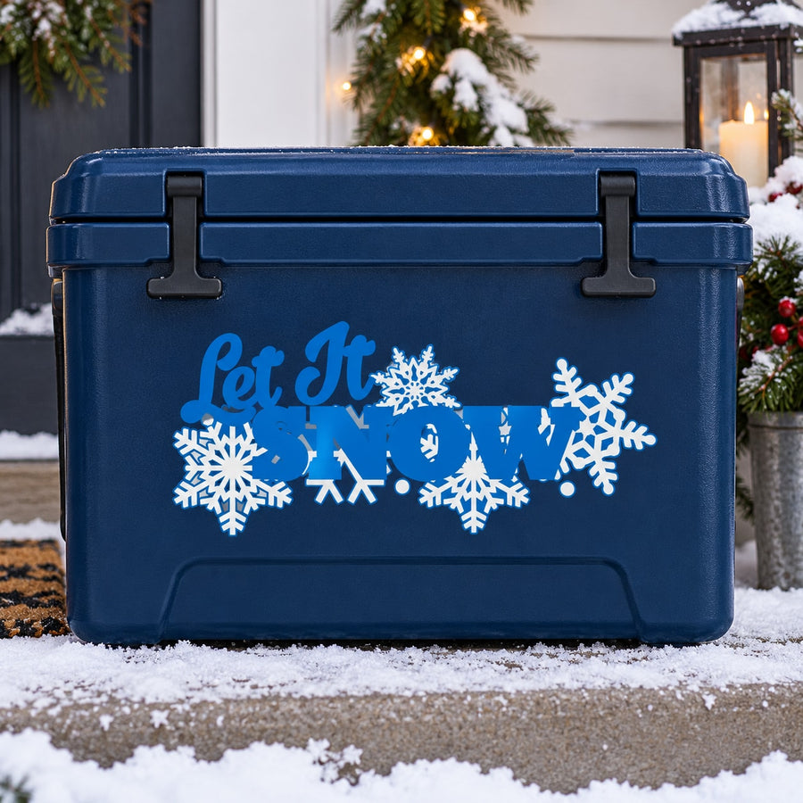 Snowflake printed decal with blue “Let It Snow” lettering and white snowflakes