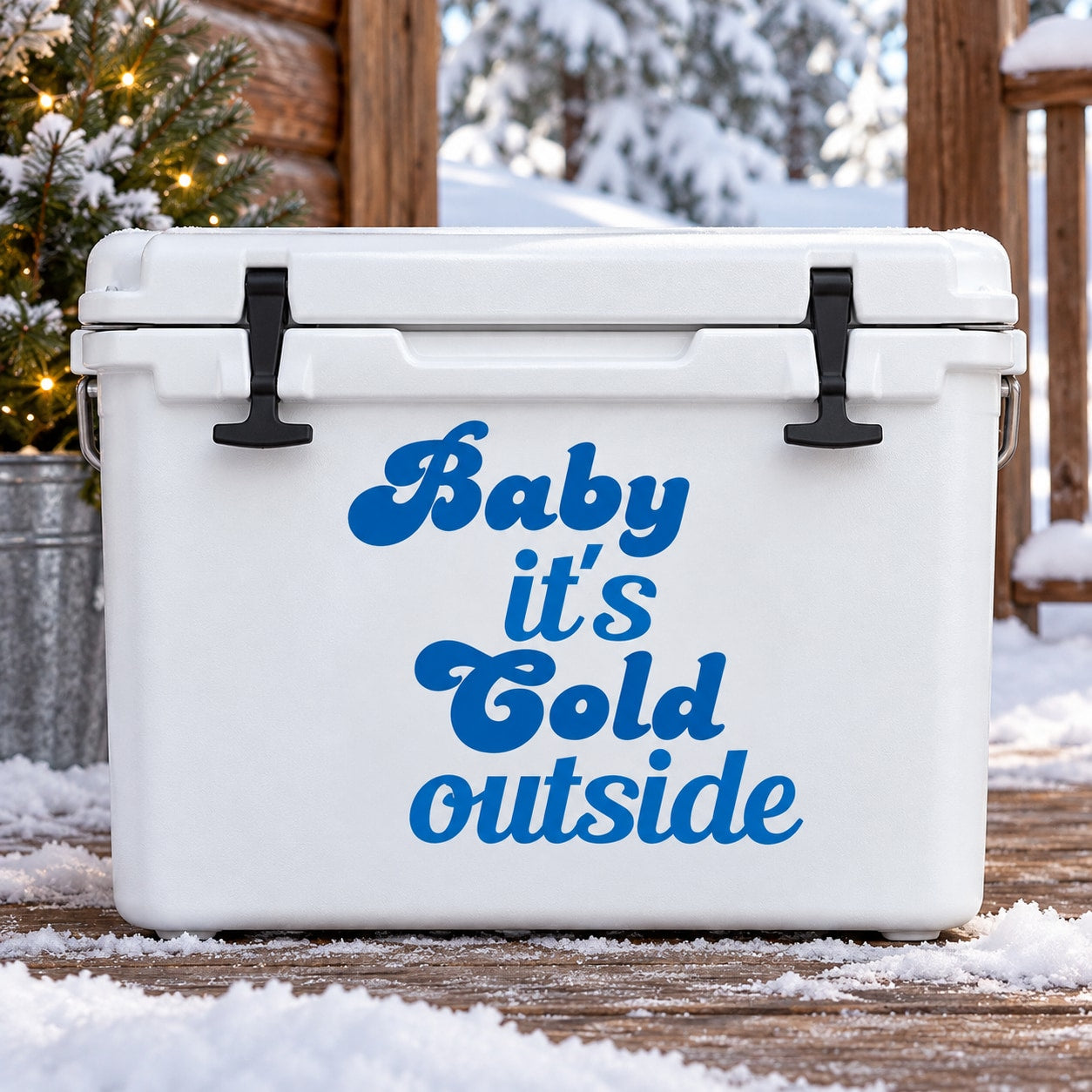 Blue “Baby it’s Cold Outside” printed decal on a white cooler