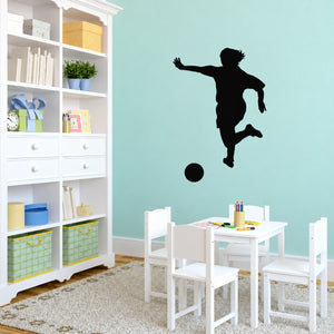 Soccer player wall decal vinyl sticker with kicking silhouette and soccer ball