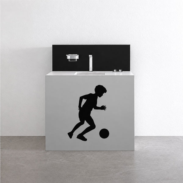 Black soccer player wall vinyl decal with ball, kicking action silhouette