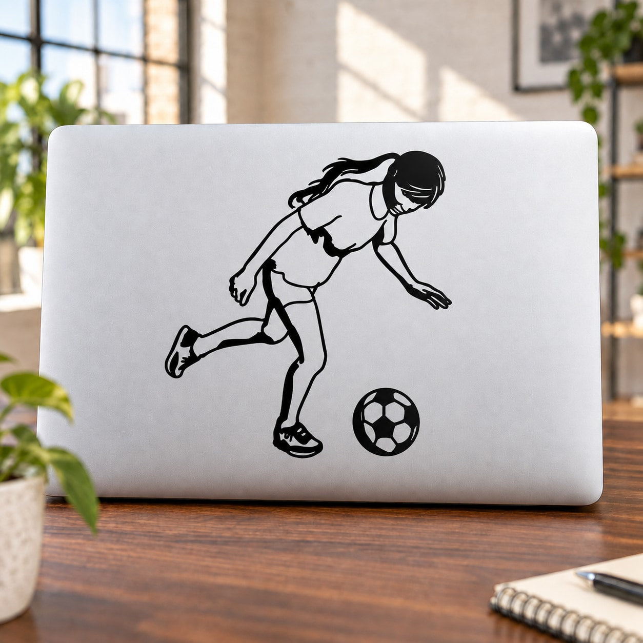 Soccer wall decal of a running player kicking a soccer ball, black vinyl silhouette