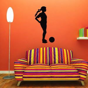 Black soccer player wall decal vinyl, standing player with ball silhouette