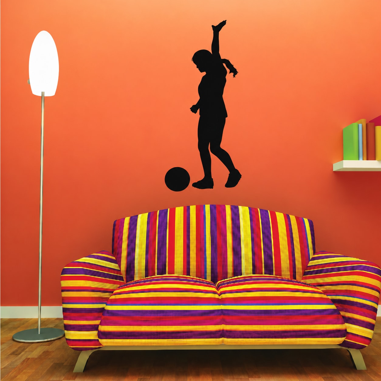 Black soccer player wall decal vinyl sticker with ball silhouette