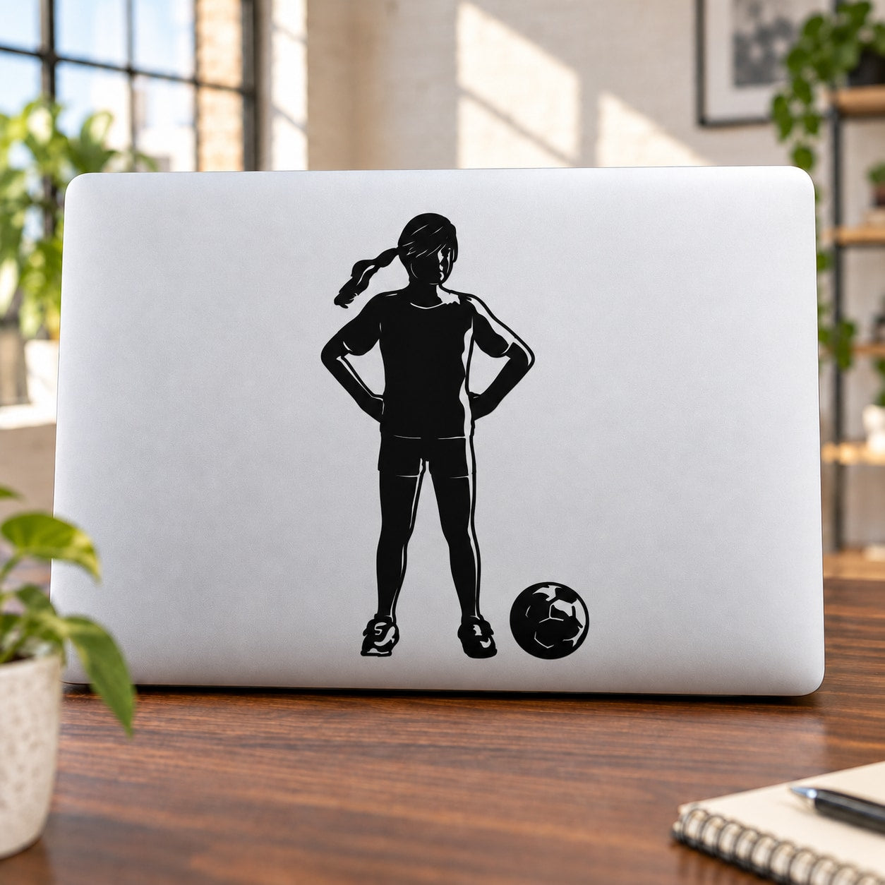 Black soccer player wall vinyl decal with soccer ball silhouette