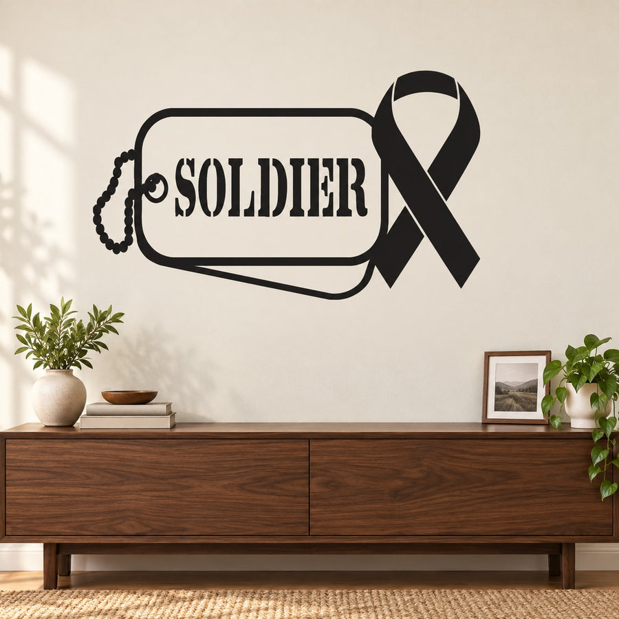 Soldier Dog Tag with Ribbon Decal — illustrative vinyl decal application mockup. Surrounding objects are not included.