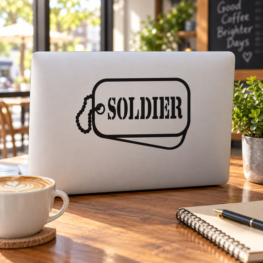 Soldier Dog Tag Decal — illustrative vinyl decal application mockup. Surrounding objects are not included.