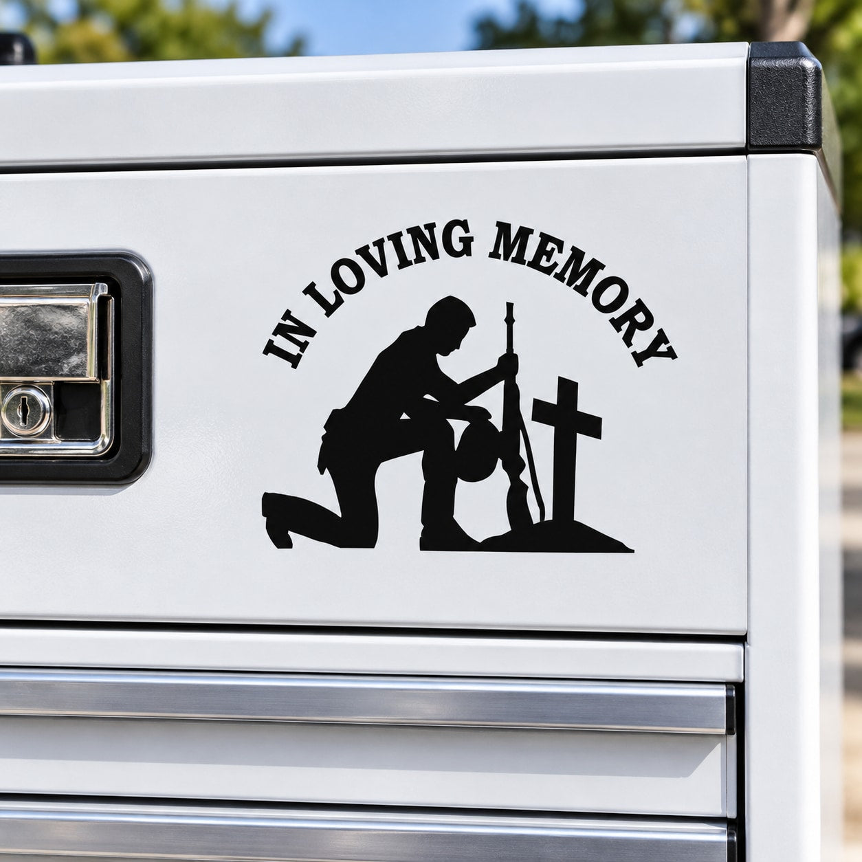 Custom decal with kneeling soldier, cross, and “In Loving Memory” text on white