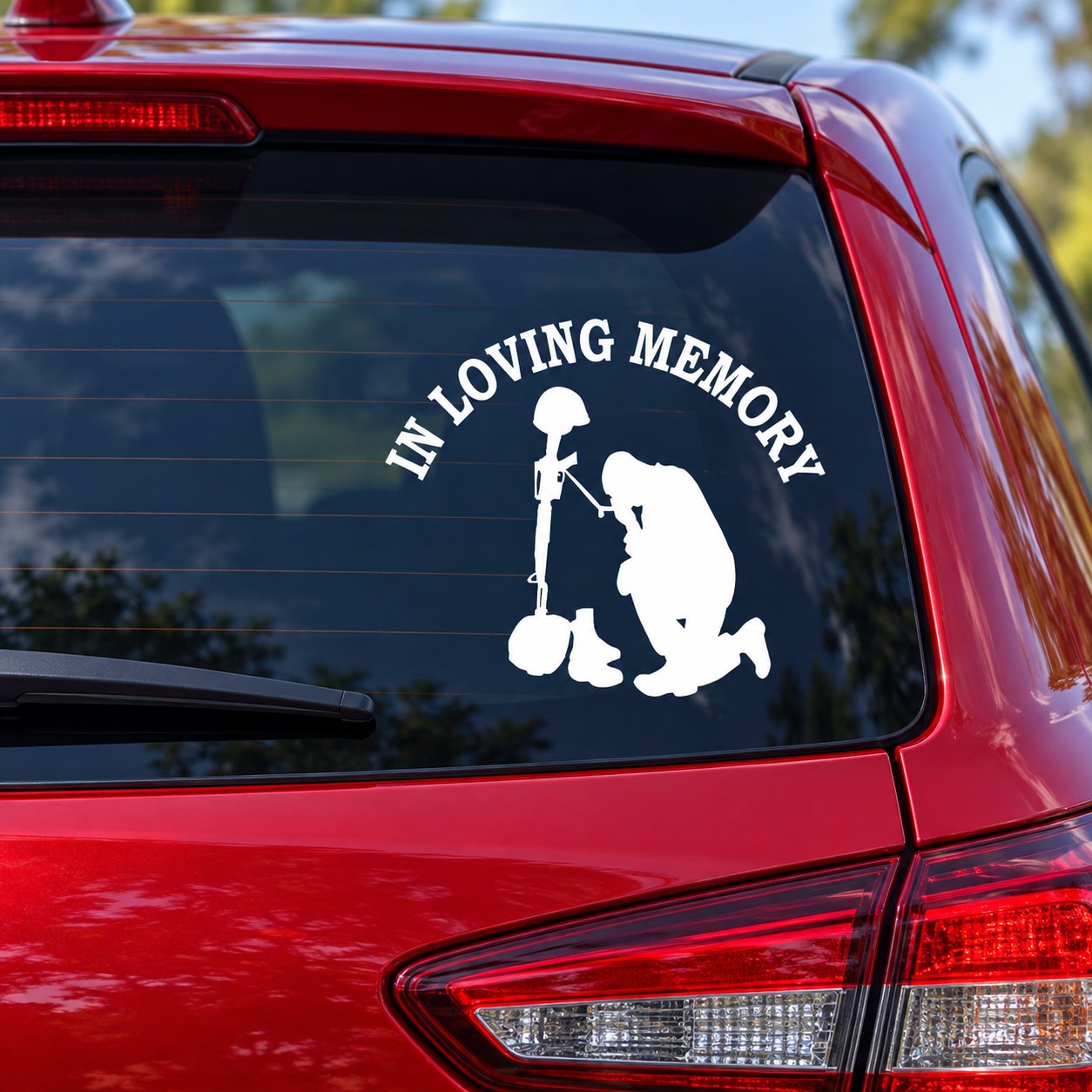 Memorial car decal: 'IN LOVING MEMORY' with praying soldier silhouette