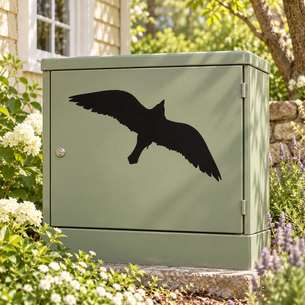 Black flying bird vinyl decal on rectangular mailbox panel
