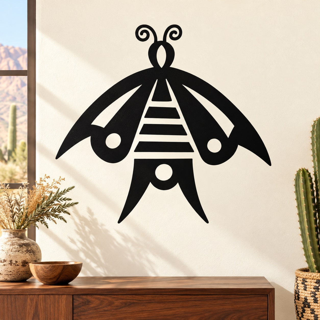 Black native-style butterfly decal with symmetrical tribal patterns and antenna swirls
