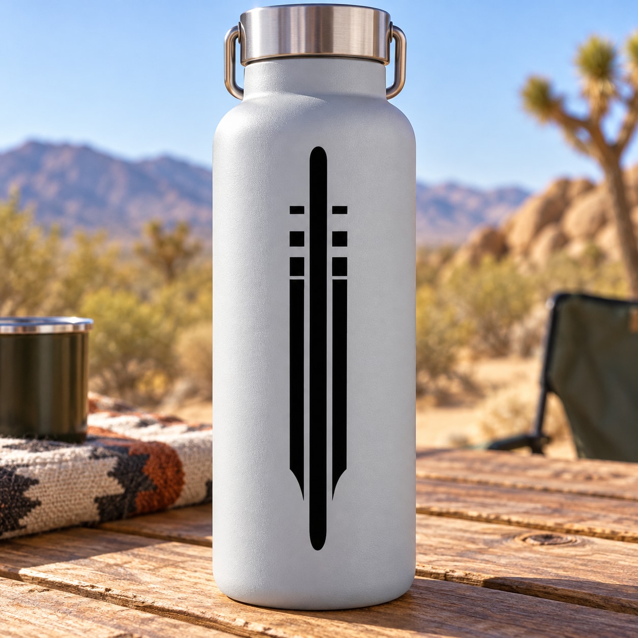 Matte white water bottle with black vertical emblem sticker