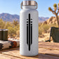 Matte white water bottle with black vertical emblem sticker