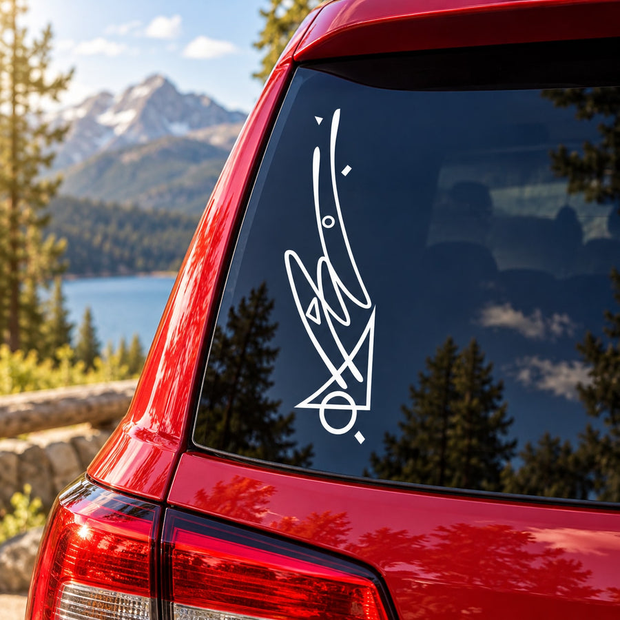 White Native-style vinyl decal on car rear window, sword-and-shield graphic.